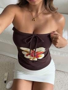 Livesso 女士碎花扭结前襟休闲抹胸上衣 - 棕色 - 查看 5