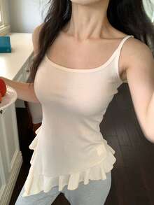 DAZY Asymmetrical Ruffle Hem Camisole Women Sleepwear Top - Beige - View 8