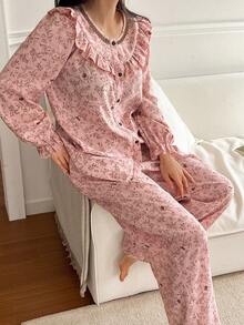 DAZY Spring Ditsy Floral Ruffle Trim Loose Women Pajama Set - Pink - View 6