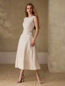 MOTF PREMIUM 女士50%亚麻混纺无袖中长连衣裙，休闲约会装，春夏款 - 杏色 - 查看 4