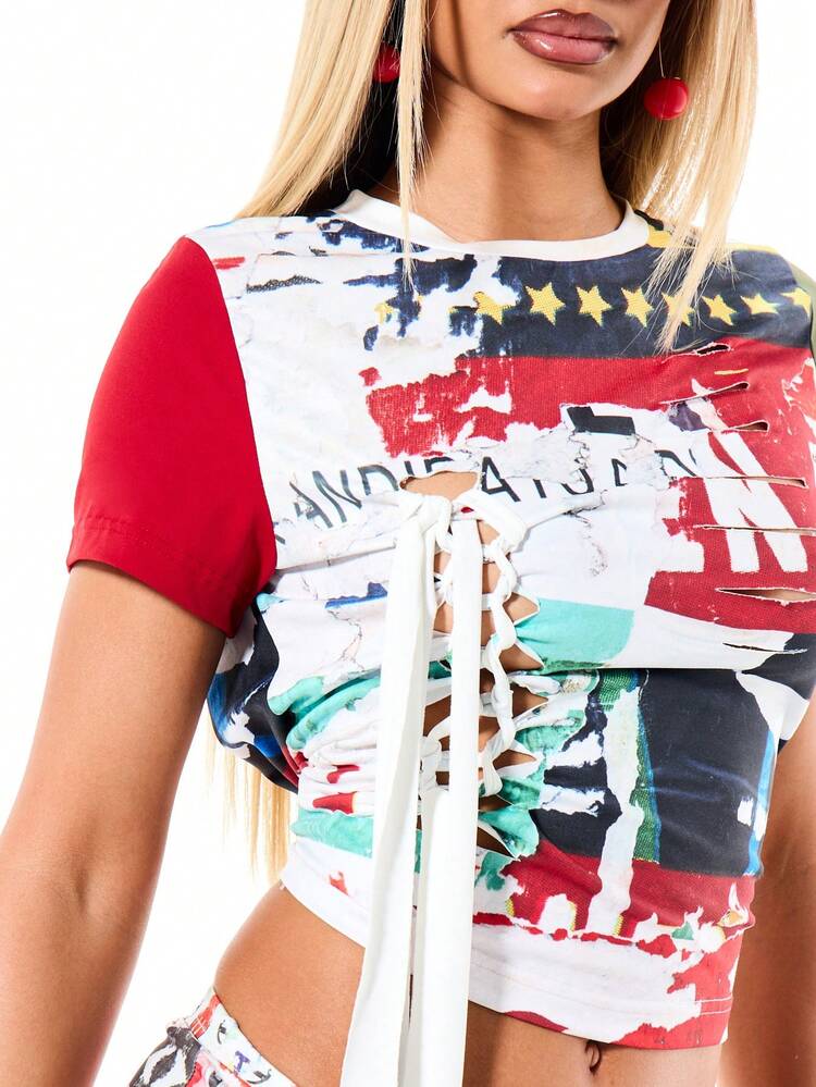 SUMWON Jersey Contrast Print Cropped T-Shirt With Cut Out Lace Up Detail And Colorful Multi Pattern Design Short Sleeve