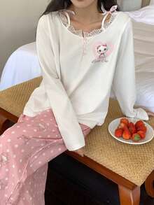 DAZY 2pcs Women Cute Cat Print Lace Patchwork Long Sleeve Top And Loose Pants Pajama Set, Spring - White - View 4