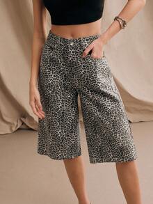 Anewsta Heavily Embellished Rhinestone Leopard Print Midi Shorts - Black - View 3