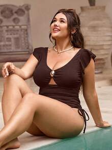 Swim Chiccia 1件装女士加大码黑色连体泳衣，性感单件泳装，适合夏季度假 - 咖啡棕 - 查看 4