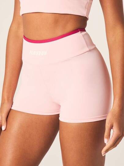 Missguided x Playboy 女士高腰修身运动短裤，撞色腰带，粉色吸湿排汗，夏季训练运动裤