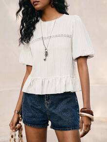 Poéselle White Round Neck Casual Versatile Puff Short Sleeve Top, Lace Hollow Out Summer Top, Lightweight Casual French-Style Top - White - View 6