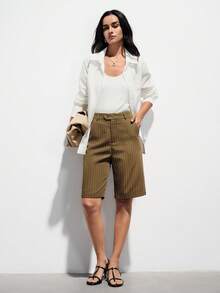 Aveloria Modichic 新款时尚休闲条纹七分裤 - 咖啡棕 - 查看 6