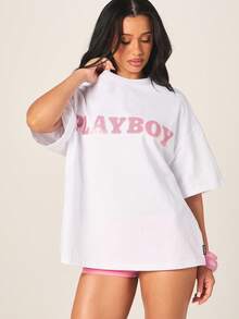 Missguided x Playboy Sequin Graphic Oversized Short Sleeve Crew Neck T-Shirt Women Casual Summer Pink Print - White - View 4
