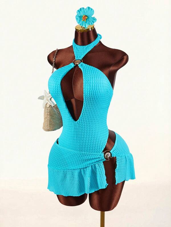 Amplova 1pc Women's Halter Backless One-Piece Swimwear With Shell Metal Decor & Cover-Up Skirt