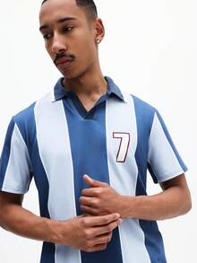 SUMWON Men Short Sleeve Slim Fit Vertical Striped Polo Shirt With Number 7 Print Chest Casual Button Down Collar Top Summer Spring Fashion - Multicolor - View 1