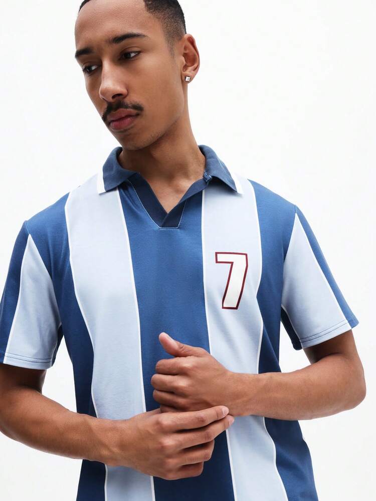 Camicia polo da uomo a maniche corte, slim fit, con righe verticali e stampa del numero 7 sul petto, colletto con bottoni, casual, moda primavera/estate