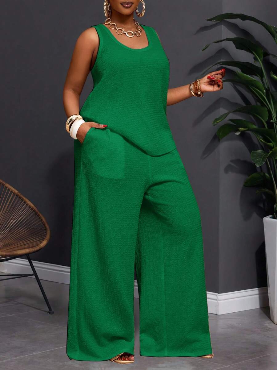 Slaydiva 2025新款春夏大码女装复古西部/热带/音乐节/夜店/公路旅行/休闲街头/城市度假/毕业典礼/优雅度假两件套 - 宽松透视纹理面料U领无袖背心搭配松紧腰裤