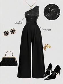 Eryvara 女士黑色亮片露肩修身长款连体裤，拉链设计，性感派对装扮，夜店装扮，春夏新款装扮，情人节约会装扮，生日装扮，泳池派对装扮，舞会装扮，演唱会装扮，商务通勤装扮，婚礼宾客优雅浪漫长款连体裤 - 黑色 - 查看 4