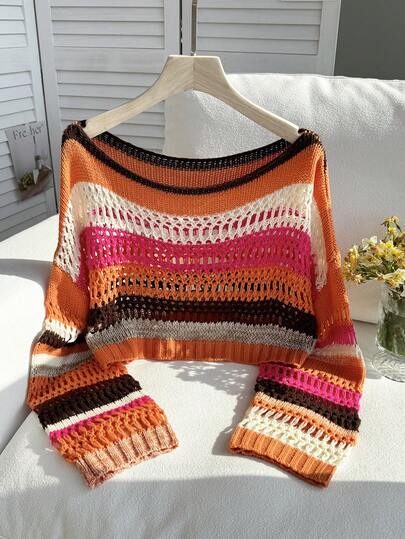 Comfortcana Plus Size Casual Striped Hollow-Out Knitted Boat Neck Cropped Pullover Sweater, Autumn/Winter Summer Jumper Crop Top Sweater Orange Crochet Tops Knitted Cover Up Summer Sweaters For Women Coral