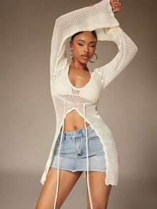 Denimoi Women's Hollow Out V-Neck Long Sleeve Cover Up, Spring/Summer - White - View 4