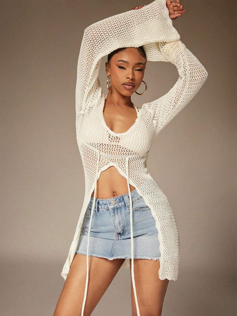 Denimoi Cubrecuerpo de mujer con escote en V y diseño calado, para primavera/verano - Blanco - Ver 1