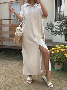 DAZY 女士休闲度假通勤简约纯色单排扣长衬衫，夏季 - 白色 - 查看 4
