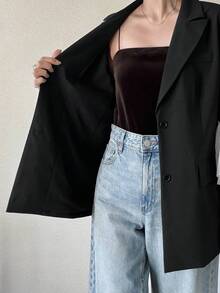 FRIFUL Áo khoác blazer nữ phối màu tương phản, dáng rộng, thoải mái, cổ tay buộc nơ, thích hợp cho mùa xuân/hè. - màu đen - Xem 2