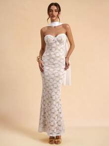 SHEIN BAE White Lace Strapless Mermaid Dress With Sash, White Dress, Wedding Season Dress - White - View 1