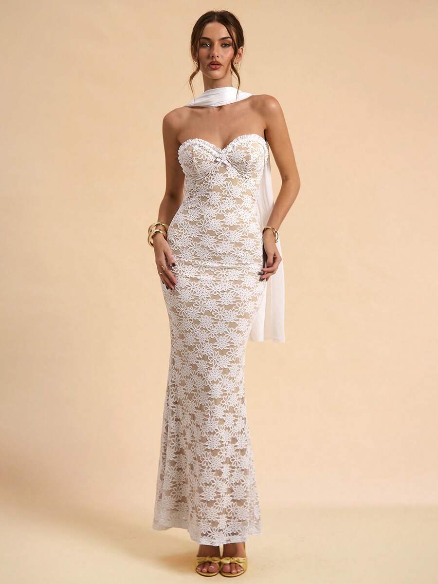 SHEIN BAE White Lace Strapless Mermaid Dress With Sash, White Dress, Wedding Season Dress - White - View 1