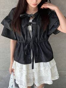 FRIFUL Áo sơ mi denim nữ kiểu dáng thường ngày, có bèo nhún và thắt dây, thích hợp cho mùa hè. - Xám - Xem 8