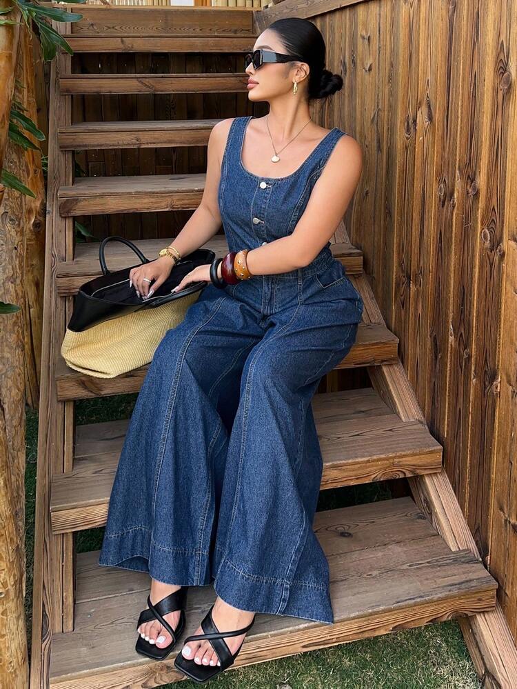 Dazy Plus Dark Wash Denim Sleeveless Jumpsuit, Vacation Style, Long Length, Spring/Summer