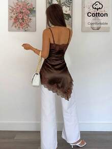 Siren Gaze 女士夏季纯色撞色蕾丝不对称下摆吊带背心 - 棕色 - 查看 2