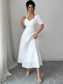 Modelyn 女士时尚优雅刺绣网纱心形领连衣裙 - 白色 - 查看 6