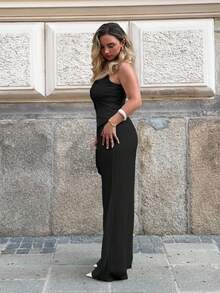 Jeta Ari Women's Elegant Commuter Style Solid Color Textured 2 Pieces Set -Sleeveless Round Neck Buttoned Fitted Camisole And High Waist Elastic Waist Loose Straight Leg Pants - Black - View 6