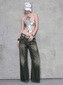 ROMWE Avant 复古做旧铆钉设计女士宽松低腰喇叭牛仔裤 - 藍色 - 查看 2