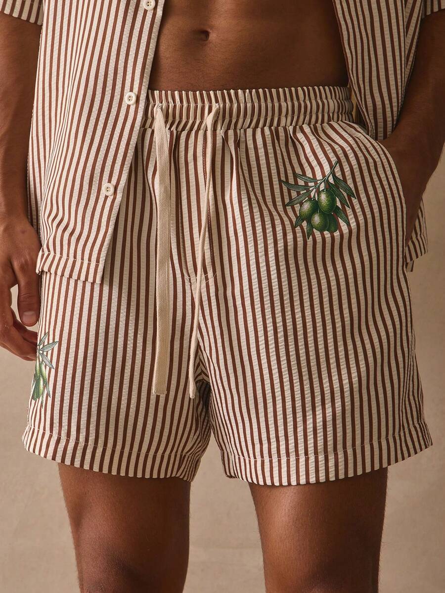 Musero Pinstripe Elasticated Drawstring Waistband Graphic Olive Printed Shorts Spring Summer Holiday - Brown - View 1