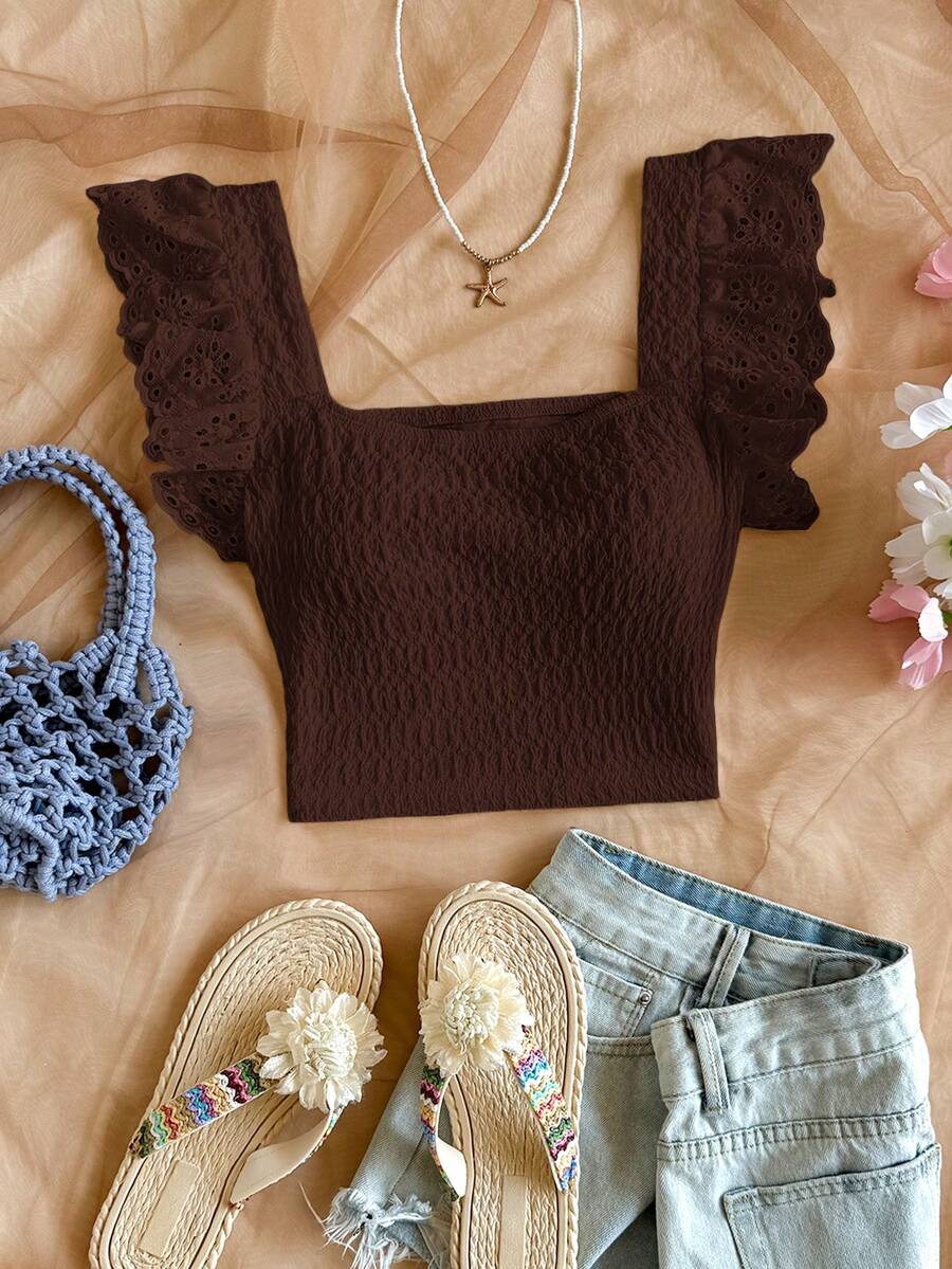 Soleia Elegant Knitted Ruched Floral Trim Cropped Top For Women, Suitable For Vacation,Summer Top - Coffee Brown - View 1