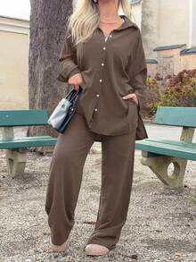 Jeta Ari 休闲纯色长袖衬衫和裤子套装 - 棕色 - 查看 3