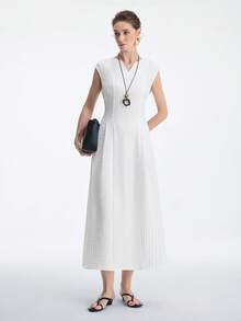 Aalyst Women's V-Neck Waist Cinching Dress, Suitable For Vacation, Commuting, Spring/Summer Wear - Beige - View 5