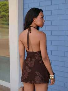 Yess Loren 女士浪漫性感露背挂脖迷你连衣裙，夏季 - 咖啡 - 查看 2