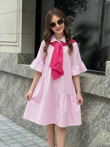 SHEIN 少女度假休闲学院风条纹拼接撞色水手领喇叭袖短袖衬衫裙，适合返校、日常出行 - 粉色 - 查看 3