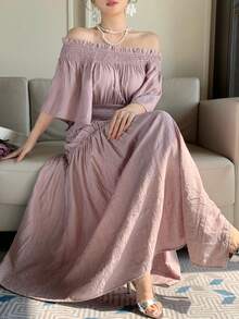 DAZY Women's Summer Off Shoulder Short Sleeve Waist Cinched Elegant Long Dress Sundress - Pink - View 1