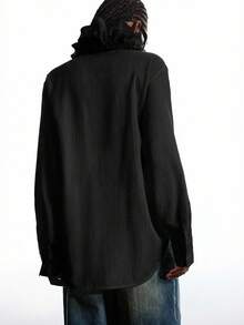 LYSMO New Minimalist Spring Women's Solid Color Ruffle Trim Long Sleeve Fashion Blouse, Black Ruffle Trim Top, Ruffle Trim Shirt - Black - View 2