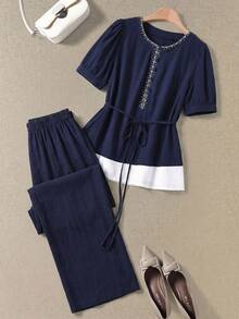 Rusticease Women's Navy Blue And White 2 Pieces Set,Cotton Short Sleeve Round Neck Blouse And Capri Pants,Summer Casual Modest Everyday Vintage Elegant Outfits - Navy Blue - View 6