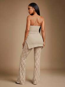 Radiana 女士性感优雅黑色蕾丝两件套，包含加厚罗纹抹胸上衣和蕾丝喇叭裤，高弹面料贴合身形，适合约会、聚会、派对、夜店等场合。 - 杏色 - 查看 2