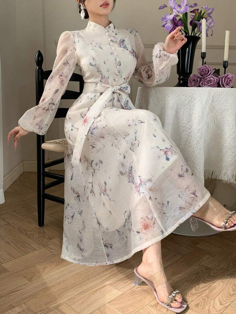 Women's Elegant Floral Print Stand Collar Belted Mid-Length Dress, Spring/Summer,Wedding Guest Dress Women Sundress
