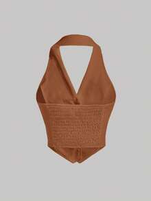 SHEIN MOD White Summer Solid Button Front Halter Top - Brown - View 2