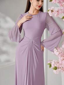 Veilorie New Arrival Ruched Waist Rhinestone Embellished Elegant Flowing Cocktail Party Dress - Purple - View 2
