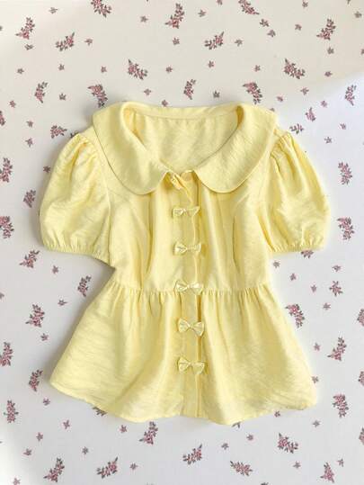 Elamini Women's Puff Sleeve Blouse With Yellow Bow Decor, A-Line, Peter Pan Collar, Spring/Summer , Bohemian Beach, Sweet & Cute, Vacation, Back To School, Casual, Versatile