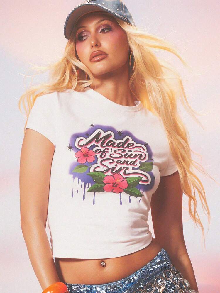 MISSGUIDED Graffiti Style Sun And Sin Slogan Crop Baby Tee Short Sleeve Crew Neck Summer Graphic Top Festival Vacation