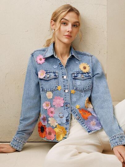 Anewsta Cămașă elegantă cu mânecă lungă, lucrată manual, cu imprimeu floral colorat, romantică pentru petrecere, vacanță, primăvară/vară, jachetă florală pentru femei, jachetă din denim cu flori, jachete din denim pentru femei