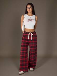 SHEIN PETITE 女士休闲格子印花抽绳腰裤 冬季圣诞节时尚红色新年 - 紅色 - 查看 2