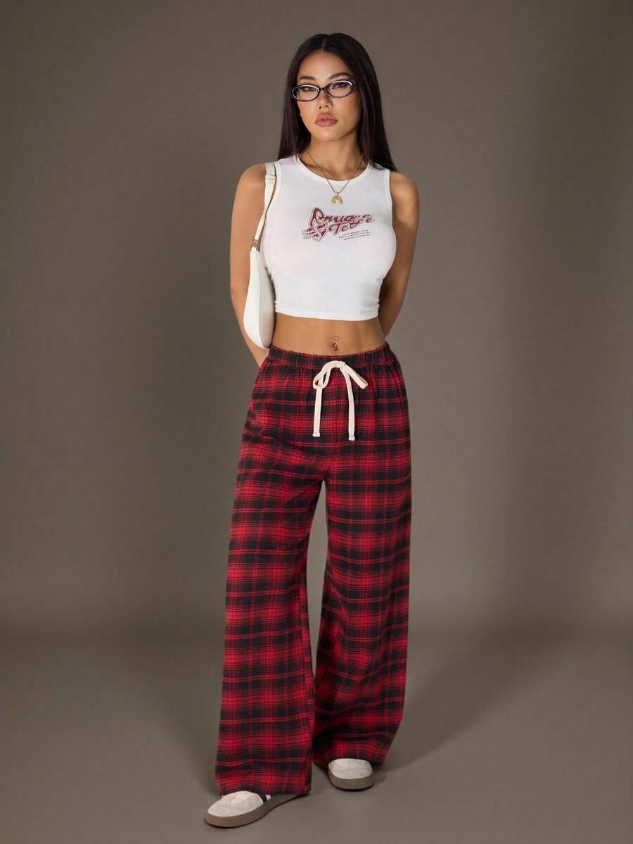 SHEIN PETITE 女士休闲格子印花抽绳腰裤 冬季圣诞节时尚红色新年