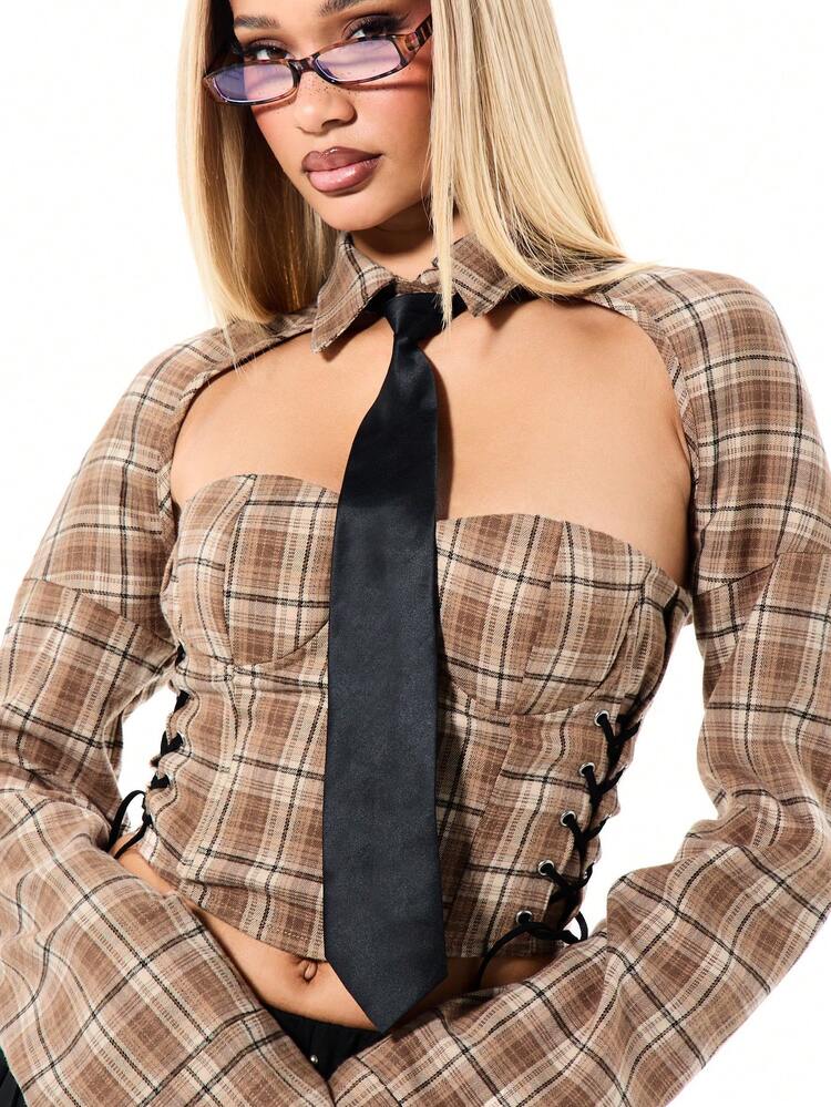 SUMWON WOMEN 여성 체크 반도 코르셋 셔츠 숄 스타일 타이 긴팔 격자 무늬 가을 겨울 레이스 업 디테일