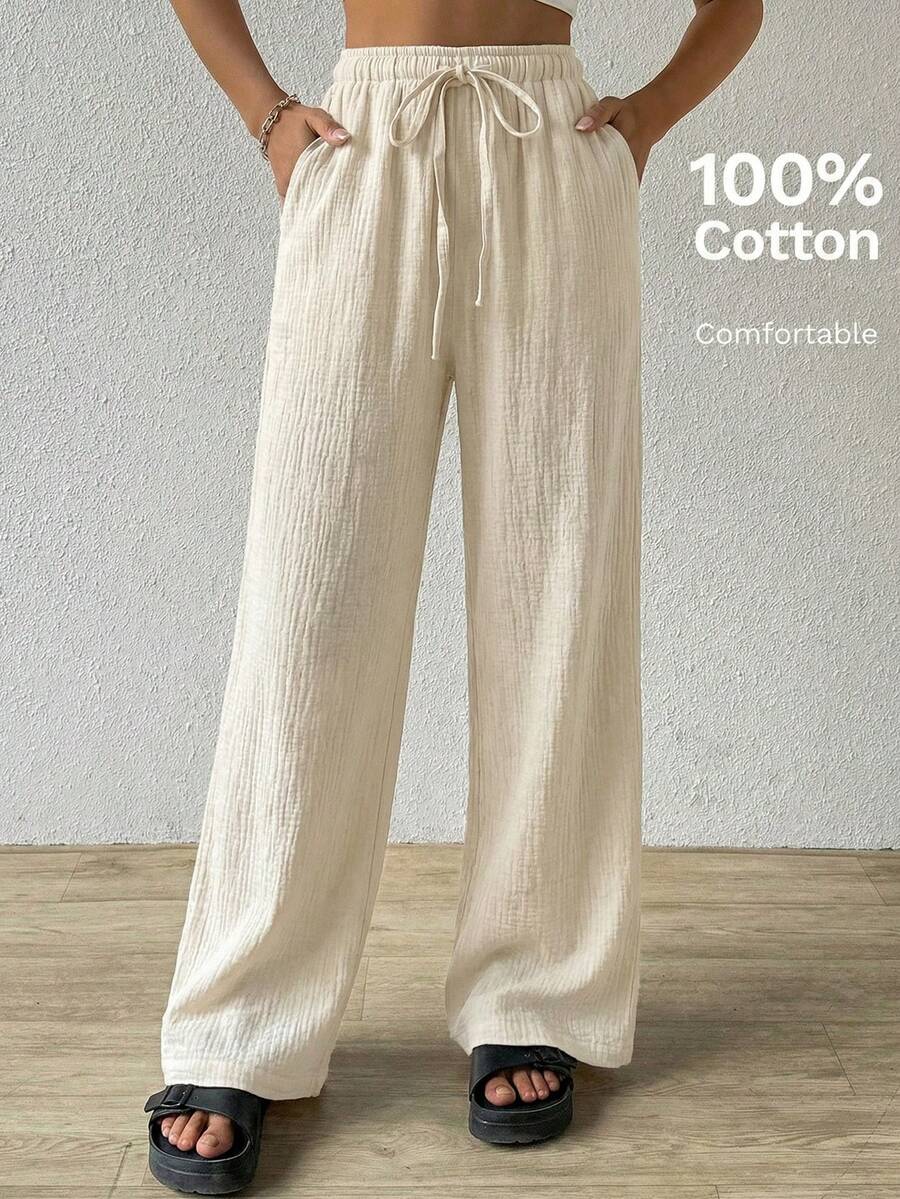 SHEIN EZwear 卡其色棉质宽松纹理褶皱抽绳腰裤 - 卡其色 - 查看 1
